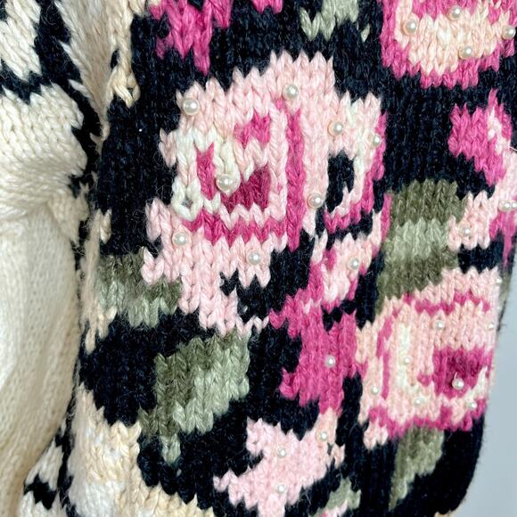 Vintage 80s Deadstock Floral Pearl Boho Cottagecore Coastal Soft Girl Sweater L - Picture 2 of 7
